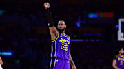 Jan 3, 2025; Los Angeles, California, USA;  Los Angeles Lakers forward LeBron James (23) reacts after scoring three point basket against the Atlanta Hawks during the second half at Crypto.com Arena. Mandatory Credit: Gary A. Vasquez-Imagn Images