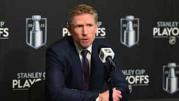 May 9, 2023; Seattle, Washington, USA; Seattle Kraken head coach Dave Hakstol speaks to the media after the game against the Dallas Stars in game four of the second round of the 2023 Stanley Cup Playoffs at Climate Pledge Arena. 