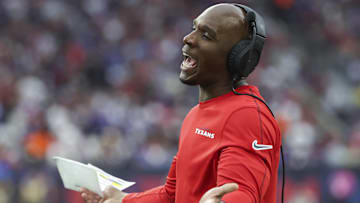 Houston Texans head coach DeMeco Ryans reacts after a play during the third quarter against the Buffalo Bills at NRG Stadium.