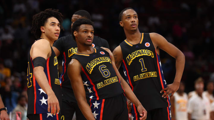 Mar 28, 2023; Houston, TX, USA; West players (from left) Jared McCain,  Bronny James and Ron Holland II: Mark J. Rebilas-USA TODAY Sports