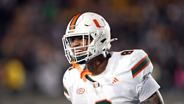 Oct 5, 2024; Berkeley, California, USA; Miami Hurricanes tight end Elijah Arroyo (8) celebrates after scoring a touchdown against the California Golden Bears during the fourth quarter at California Memorial Stadium. Mandatory Credit: Darren Yamashita-Imagn Images