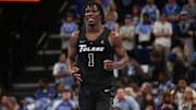 Feb 11, 2024; Memphis, Tennessee, USA; Tulane Green Wave guard Sion James (1) reacts after a three point basket during the second half against the Memphis Tigers at FedExForum.