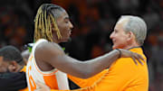Tennessee's Jahmai Mashack (15) greets Tennessee head coach Rick Barnes during Senior Day presentations after a menâ€™s college basketball game between Tennessee and South Carolina at Thompson-Boling Arena at Food City Center, Saturday, March 8, 2025.