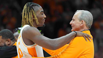 Tennessee's Jahmai Mashack (15) greets Tennessee head coach Rick Barnes during Senior Day presentations after a menâ€™s college basketball game between Tennessee and South Carolina at Thompson-Boling Arena at Food City Center, Saturday, March 8, 2025.