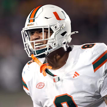 Oct 5, 2024; Berkeley, California, USA; Miami Hurricanes tight end Elijah Arroyo (8) celebrates after scoring a touchdown against the California Golden Bears during the fourth quarter at California Memorial Stadium. Mandatory Credit: Darren Yamashita-Imagn Images