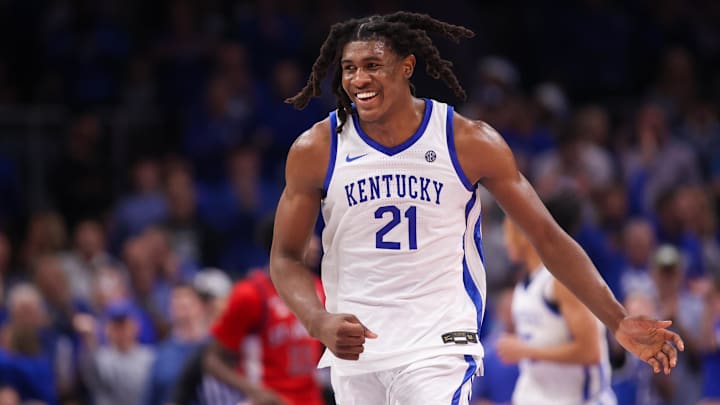 Dec 20, 2025; Atlanta, Georgia, USA; Kentucky Wildcats forward Jayden Quaintance (21) shows emotion against the St. John Red Storm in the second half at State Farm Arena. Mandatory Credit: Brett Davis-Imagn Images
