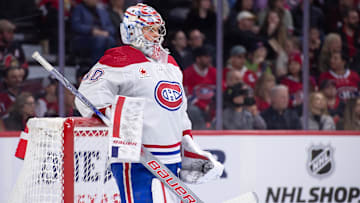 Apr 13, 2024; Ottawa, Ontario, CAN; Montreal Canadiens goalie Cayden Primeau (30) relaxes during a break in action in the first period against the Ottawa Senators at the Canadian Tire Centre. Mandatory Credit: Marc DesRosiers-Imagn Images
