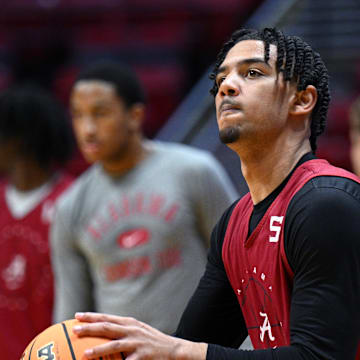 Mar 17, 2022; San Diego, CA, USA; Alabama Crimson Tide guard Jaden Shackelford (5) shoots the ball during practice before the first round of the 2022 NCAA Tournament at Viejas Arena. Mandatory Credit: Orlando Ramirez-Imagn Images