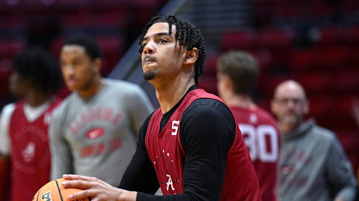 Mar 17, 2022; San Diego, CA, USA; Alabama Crimson Tide guard Jaden Shackelford (5) shoots the ball during practice before the first round of the 2022 NCAA Tournament at Viejas Arena. Mandatory Credit: Orlando Ramirez-Imagn Images