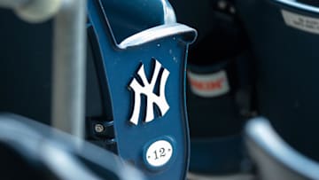 Jul 12, 2020; Bronx, New York, United States; A view of the  New York Yankees logo and seat number of an empty seat during a simulated game during summer camp workouts at Yankee Stadium. Mandatory Credit: Vincent Carchietta-Imagn Images