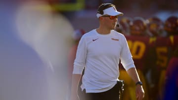 Aug 26, 2023; Los Angeles, California, USA; Southern California Trojans head coach Lincoln Riley against the San Jose State Spartans during the first half at Los Angeles Memorial Coliseum. Mandatory Credit: Gary A. Vasquez-USA TODAY Sports