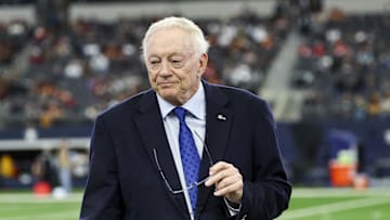 Jan 5, 2025; Arlington, Texas, USA;  Dallas Cowboys owner Jerry Jones before the game against the Washington Commanders at AT&T Stadium. Mandatory Credit: Kevin Jairaj-Imagn Images