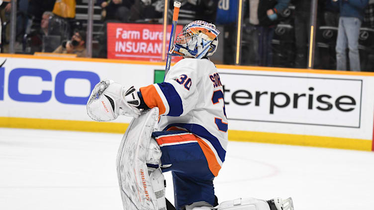 Jan 13, 2024; Nashville, Tennessee, USA; New York Islanders goaltender Ilya Sorokin (30) reacts