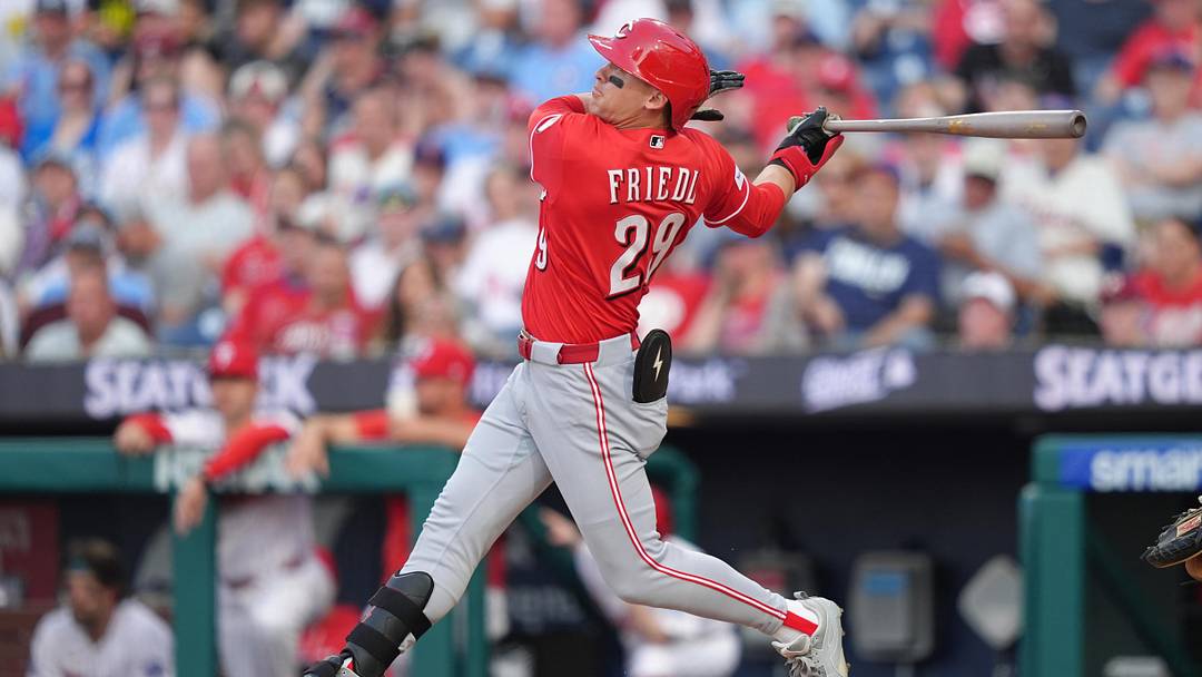 May 18, 2026; Philadelphia, Pennsylvania, USA; Cincinnati Reds outfielder TJ Friedl (29) hits a sacrifice fly against the Philadelphia Phillies in the second inning at Citizens Bank Park. Mandatory Credit: Kyle Ross-Imagn Images