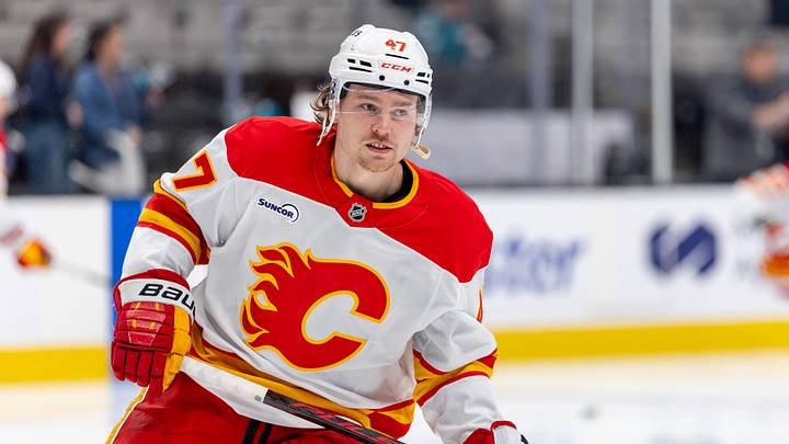 Feb 26, 2026; San Jose, California, USA; Calgary Flames center Connor Zary (47) warms up before the game against the San Jose Sharks at SAP Center at San Jose. Mandatory Credit: Bob Kupbens-Imagn Images