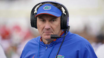 Nov 20, 2021; Columbia, Missouri, USA; Florida Gators head coach Dan Mullen on the sidelines against the Missouri Tigers during the first half at Faurot Field at Memorial Stadium. Mandatory Credit: Denny Medley-Imagn Images