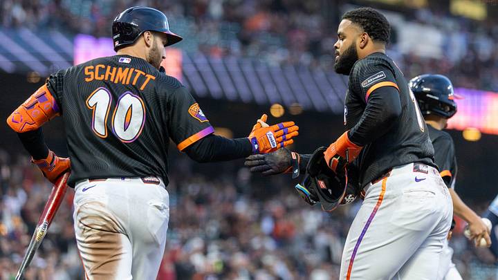 Jul 7, 2026: San Francisco Giants left fielder Heliot Ramos (17) celebrates scoring with San Francisco Giants left fielder Casey Schmitt (10) during the fifth inning against the Toronto Blue Jays at Oracle Park. Credit: Bob Kupbens-Imagn Images