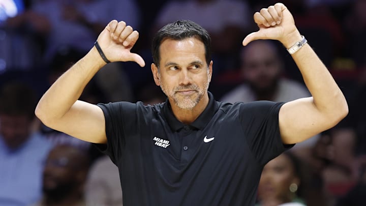 Miami Heat head coach Erik Spoelstra reacts  (Mandatory Credit: Rhona Wise-Imagn Images)