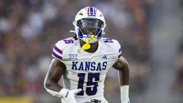 Oct 5, 2024; Tempe, Arizona, USA; Kansas Jayhawks defensive end DJ Warner (15) against the Arizona State Sun Devils at Mountain America Stadium. Mandatory Credit: Mark J. Rebilas-Imagn Images