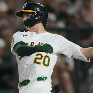 Jul 5, 2025; West Sacramento, California, USA; Athletics second baseman Zack Gelof (20) bats against the San Francisco Giants during the ninth inning at Sutter Health Park. Mandatory Credit: Darren Yamashita-Imagn Images