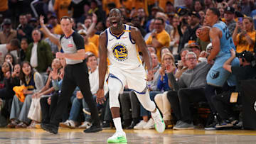 Apr 15, 2025; San Francisco, California, USA; Golden State Warriors forward Draymond Green (23) reacts after being called for his sixth foul of the game against the Memphis Grizzlies in the fourth quarter at the Chase Center. Mandatory Credit: Cary Edmondson-Imagn Images