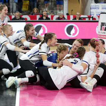 Ankeny Christian celebrates winning the Class 1A state volleyball championship against BCLUW Thursday, Nov. 7, 2024 at Xtream Arena in Coralville, Iowa.