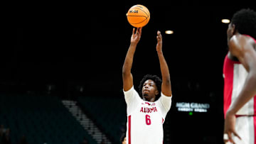 Nov 25, 2025; Las Vegas, Nevada, USA; Alabama Crimson Tide forward London Jemison (6) shoots a free throw in the first half against UNLV Rebels in a 2025 Players Era Festival group play game at MGM Grand Garden Arena. Mandatory Credit: Stephen R. Sylvanie-Imagn Images