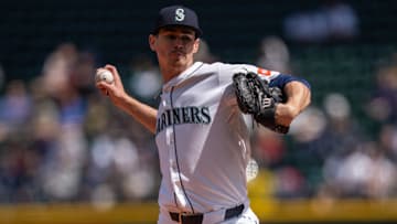 Seattle Mariners pitcher Emerson Hancock throws during a game against the Los Angeles Angels on April 30 at T-Mobile Park.