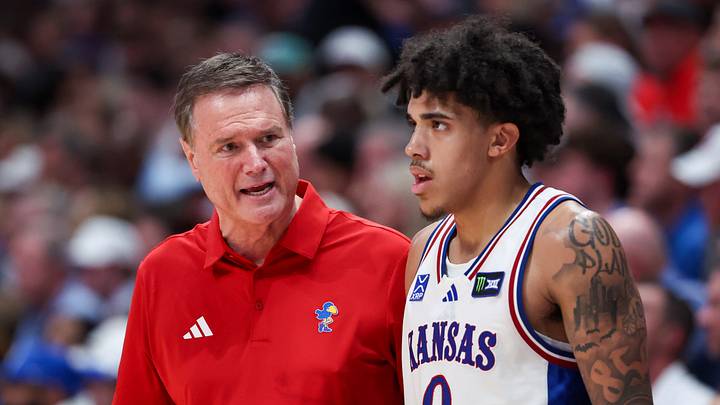 Kansas Jayhawks head coach Bill Self talks to guard Taylen Kinney (0) during exhibition game versus Duke at Allen Fieldhouse.