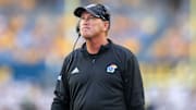 Sep 10, 2022; Morgantown, West Virginia, USA; Kansas Jayhawks head coach Lance Leipold during the second quarter against the West Virginia Mountaineers at Mountaineer Field at Milan Puskar Stadium. Mandatory Credit: Ben Queen-Imagn Images