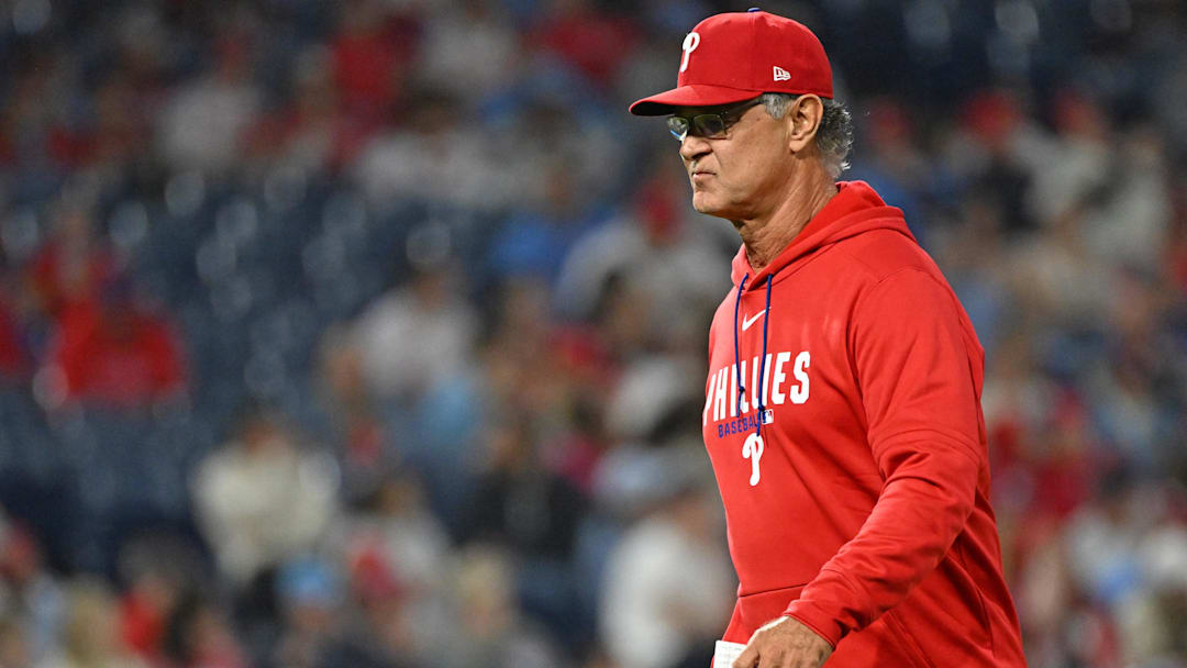 May 6, 2026; Philadelphia, Pennsylvania, USA; Philadelphia Phillies interim manger coach Don Mattingly (8) walks off the field after making a pitching change against the Athletics during the eighth inning at Citizens Bank Park. Mandatory Credit: Eric Hartline-Imagn Images