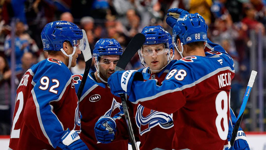 Colorado Avalanche center Nathan MacKinnon (29) celebrates this goal with center Martin Necas (88) and left wing Gabriel Landeskog (92) and center Nazem Kadri (91) Credit: Isaiah J. Downing-Imagn Images Colorado Avalanche center Nathan MacKinnon (29) celebrates this goal with center Martin Necas (88) and left wing Gabriel Landeskog (92) and center Nazem Kadri (91) Credit: Isaiah J. Downing-Imagn Images