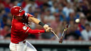Cincinnati Reds left fielder Austin Hays (12) breaks his bat on a fly ball out in the third inning between Cincinnati Reds and Chicago Cubs at Great American Ball Park in Cincinnati on Sept. 20, 2025.
