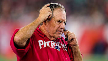 Sep 17, 2023; Foxborough, Massachusetts, USA; New England Patriots head coach Bill Belichick watches from the sideline as they take on the Miami Dolphins at Gillette Stadium. Mandatory Credit: David Butler II-Imagn Images