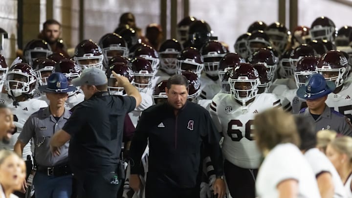 Sep 7, 2024; Tempe, Arizona, USA; Mississippi State Bulldogs head coach Jeff Lebby against the Arizona State Sun Devils at Mountain America Stadium. Mandatory Credit: Mark J. Rebilas-Imagn Images