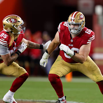 Dec 30, 2024; Santa Clara, California, USA; San Francisco 49ers offensive tackle Colton McKivitz (68) during the game against the Detroit Lions at Levi's Stadium. Mandatory Credit: Sergio Estrada-Imagn Images
