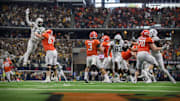 Dec 4, 2021; Arlington, TX, USA; Baylor Bears linebacker Matt Jones (52) and linebacker Victor Obi (93) Oklahoma State Cowboys quarterback Spencer Sanders (3) during the second half in the Big 12 Conference championship game at AT&T Stadium. Mandatory Credit: Jerome Miron-Imagn Images