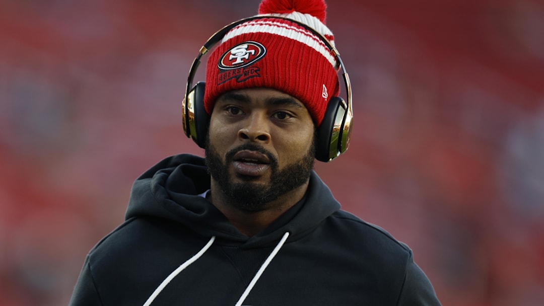 Dec 28, 2025; Santa Clara, California, USA; San Francisco 49ers wide receiver Jauan Jennings (15) warms up before the game against the Chicago Bears at Levi's Stadium. Mandatory Credit: Sergio Estrada-Imagn Images
