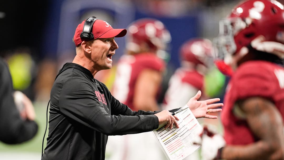 Dec 6, 2025; Atlanta, GA, USA; Alabama Crimson Tide head coach Kalen Deboer reacts during the fourth quarter against the Georgia Bulldogs during the 2025 SEC Championship game at Mercedes-Benz Stadium. Mandatory Credit: Dale Zanine-Imagn Images
