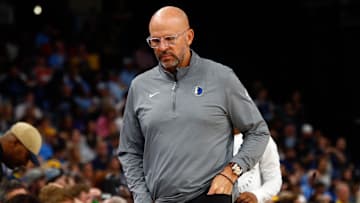 Apr 18, 2025; Memphis, Tennessee, USA; Dallas Mavericks head coach Jason Kidd reacts during the third quarter against the Memphis Grizzlies at FedExForum. Mandatory Credit: Petre Thomas-Imagn Images
