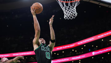 May 15, 2024; Boston, Massachusetts, USA; Boston Celtics forward Jayson Tatum (0) drives to the basket against the Cleveland Cavaliers in the third quarter during game five of the second round for the 2024 NBA playoffs at TD Garden. Mandatory Credit: David Butler II-USA TODAY Sports