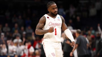 Mar 24, 2024; Memphis, TN, USA; Houston Cougars guard Jamal Shead (1) reacts during over time against the Texas A&M Aggies in the second round of the 2024 NCAA Tournament at FedExForum. Mandatory Credit: Petre Thomas-USA TODAY Sports