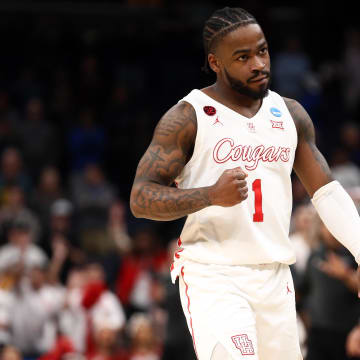 Mar 24, 2024; Memphis, TN, USA; Houston Cougars guard Jamal Shead (1) reacts during overtime against the Texas A&M Aggies in the second round of the 2024 NCAA Tournament at FedExForum. Mandatory Credit: Petre Thomas-USA TODAY Sports