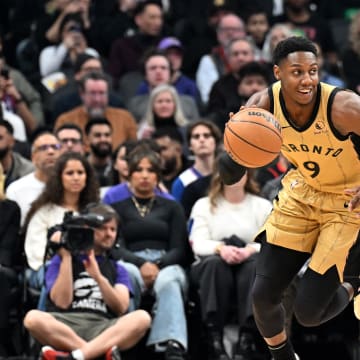 Jan 26, 2024; Toronto, Ontario, CAN;   Toronto Raptors guard RJ Barrett (9) turns up court beside guard Gary Trent Jr. (33) in the first half against the Los Angeles Clippers at Scotiabank Arena. Mandatory Credit: Dan Hamilton-USA TODAY Sports