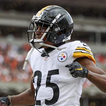 Sep 11, 2022; Cincinnati, Ohio, USA; Pittsburgh Steelers cornerback Ahkello Witherspoon (25) reacts after intercepting the ball against the Cincinnati Bengals in the second half at Paycor Stadium. Mandatory Credit: Katie Stratman-Imagn Images