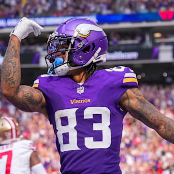 Sep 15, 2024; Minneapolis, Minnesota, USA; Minnesota Vikings wide receiver Jalen Nailor (83) celebrates his touchdown against the San Francisco 49ers in the third quarter at U.S. Bank Stadium. Mandatory Credit: Brad Rempel-Imagn Images