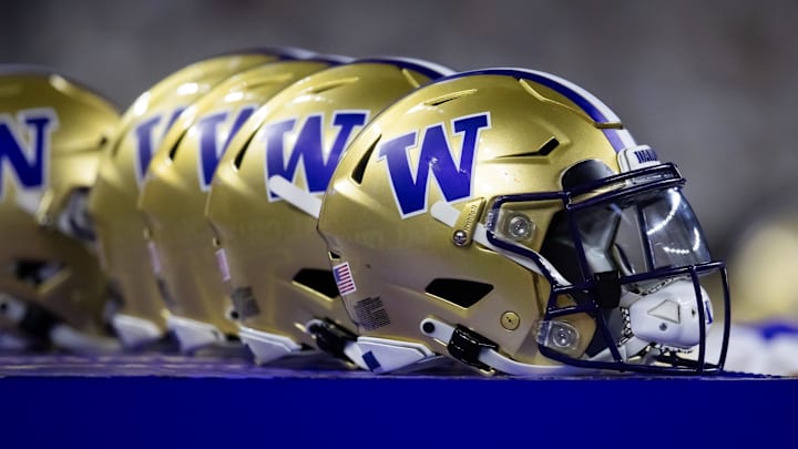 Jan 8, 2024; Houston, TX, USA; Detailed view of Washington Huskies helmet during the 2024 College Football Playoff national championship game at NRG Stadium. Mandatory Credit: Mark J. Rebilas-Imagn Images