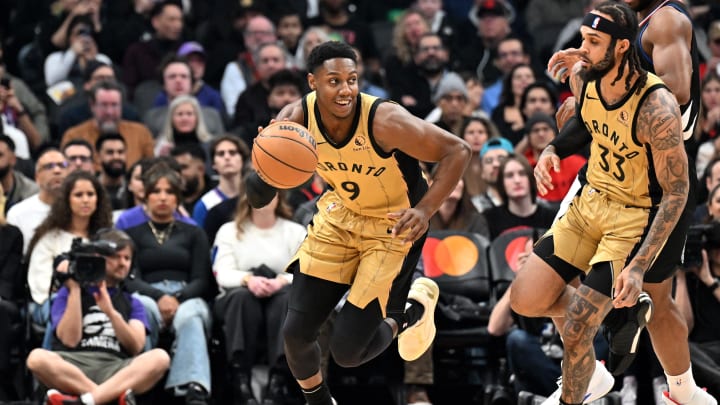 Jan 26, 2024; Toronto, Ontario, CAN;   Toronto Raptors guard RJ Barrett (9) turns up court beside guard Gary Trent Jr. (33) in the first half against the Los Angeles Clippers at Scotiabank Arena. Mandatory Credit: Dan Hamilton-USA TODAY Sports