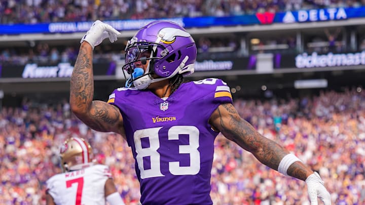 Sep 15, 2024; Minneapolis, Minnesota, USA; Minnesota Vikings wide receiver Jalen Nailor (83) celebrates his touchdown against the San Francisco 49ers in the third quarter at U.S. Bank Stadium. Mandatory Credit: Brad Rempel-Imagn Images