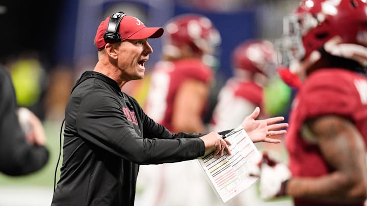 Dec 6, 2025; Atlanta, GA, USA; Alabama Crimson Tide head coach Kalen Deboer reacts during the fourth quarter against the Georgia Bulldogs during the 2025 SEC Championship game at Mercedes-Benz Stadium. Mandatory Credit: Dale Zanine-Imagn Images